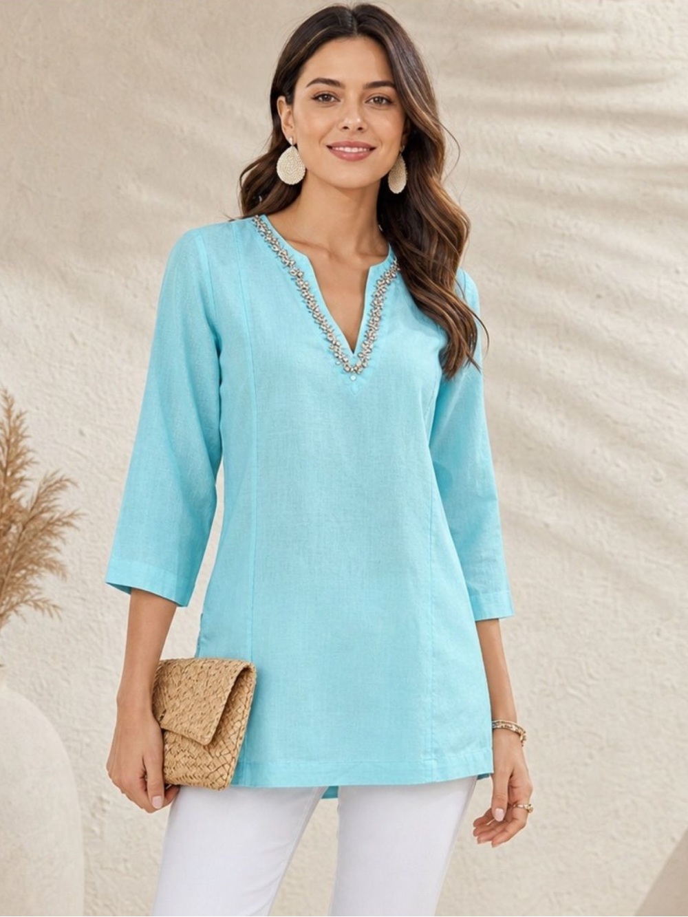 Malvin I Love Linen | Linen Tunic Top Rhinestone V-Neck Aqua Blue Medium